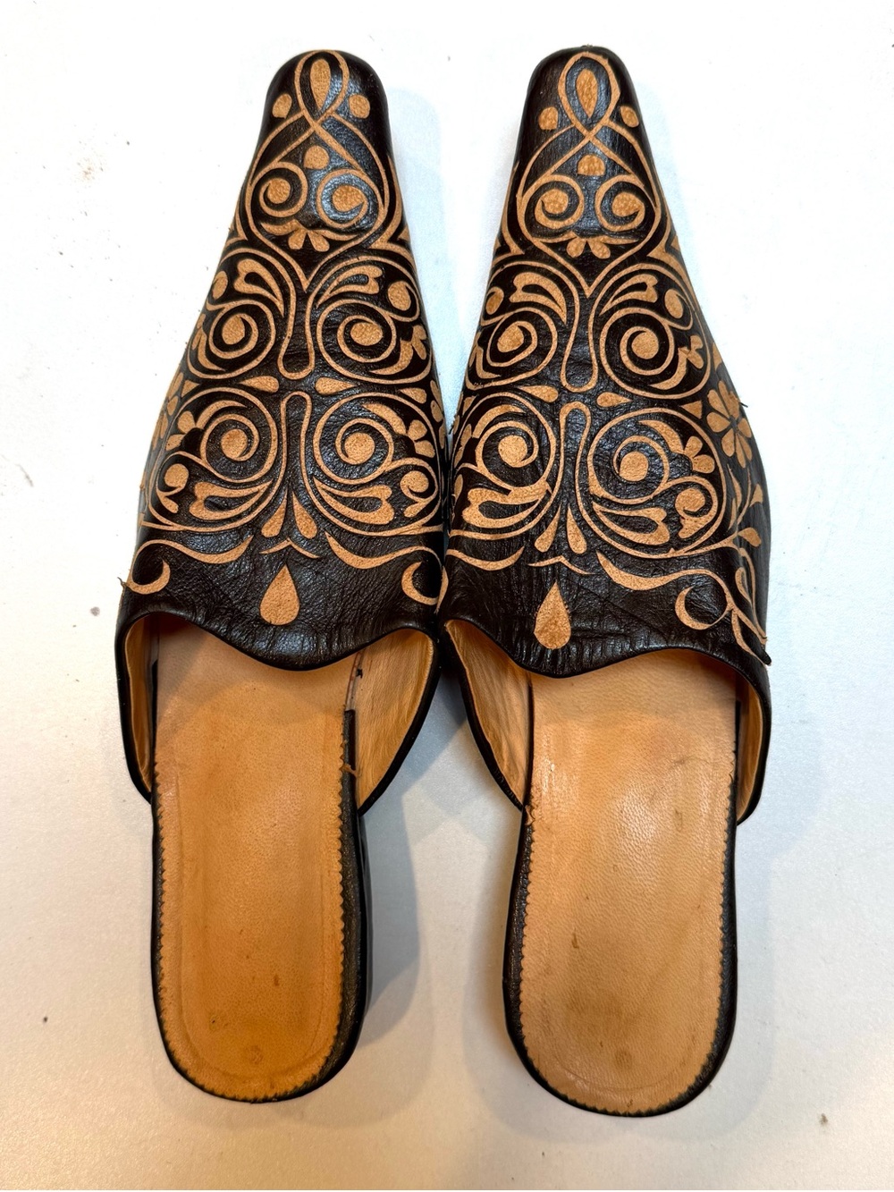 Black and Tan Moroccan Embossed Leather Slip-On Mules